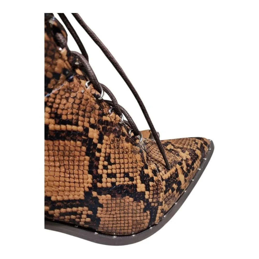 Wild Diva Snakeskin Ankle Boots Women 7 Brown Lace Up Block Heel Edgy Chic